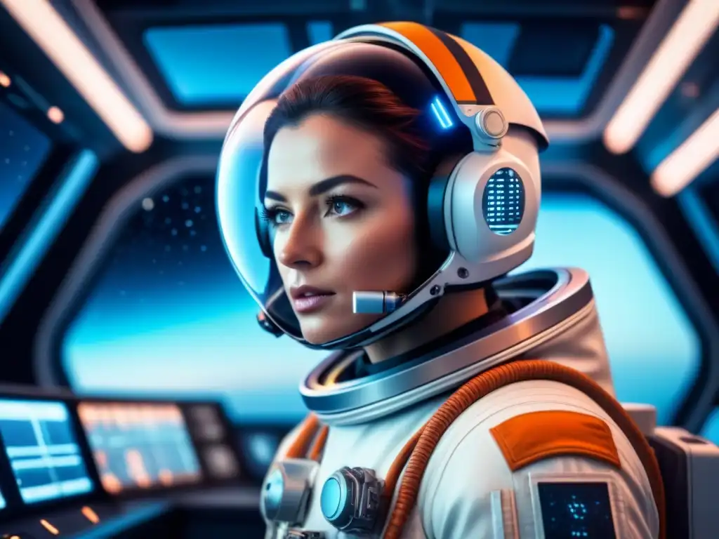 Astronauta usando interfaces cerebro máquina en el espacio, controlando nave en cabina futurista