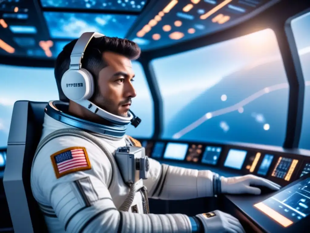 Astronauta en nave futurista con interfaces cerebro máquina en el espacio