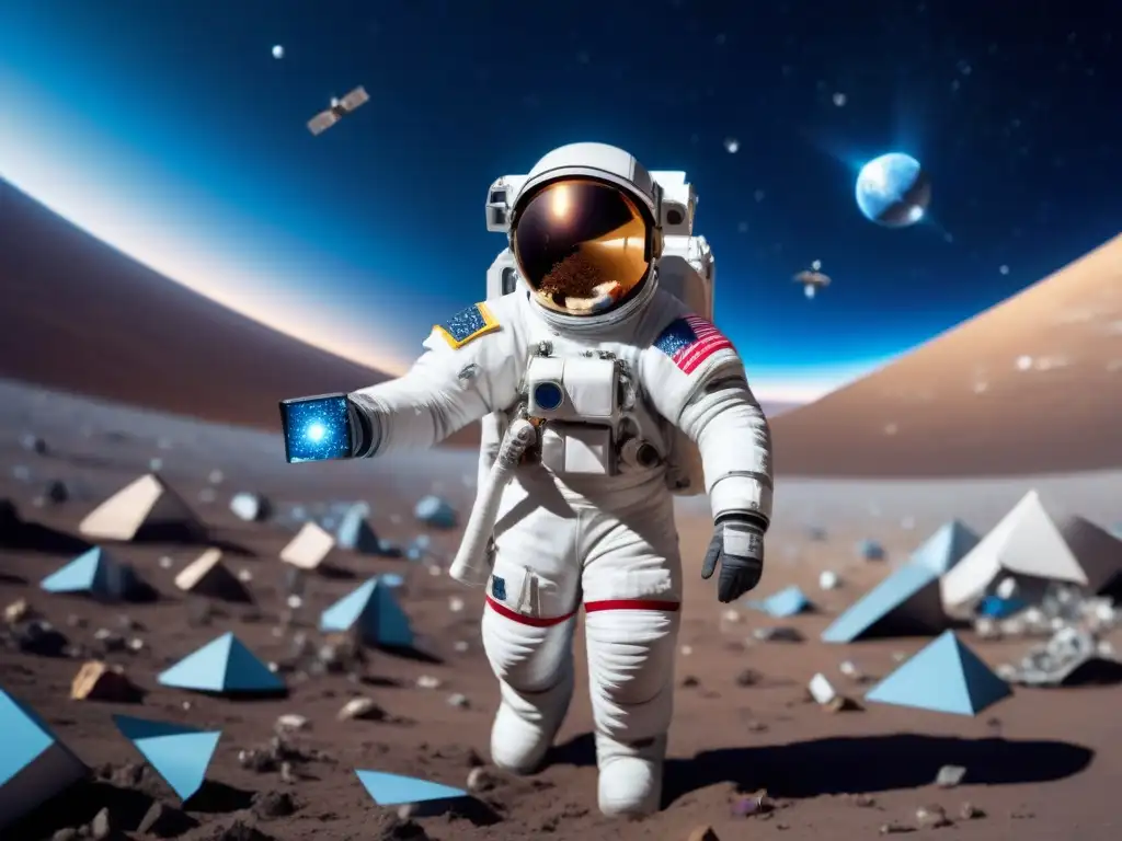 Astronauta flotando entre satélites y basura espacial, utilizando tecnología de reciclaje