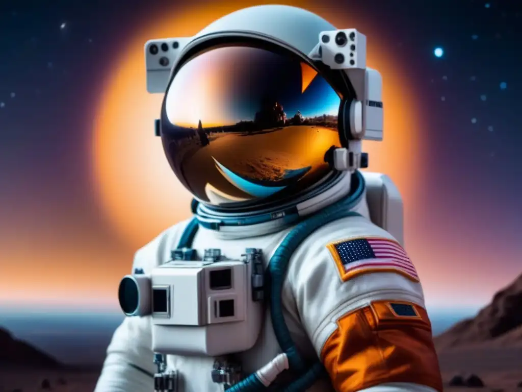 Un astronauta en un traje espacial, con la galaxia reflejada en su visor, sostiene un objeto 3D