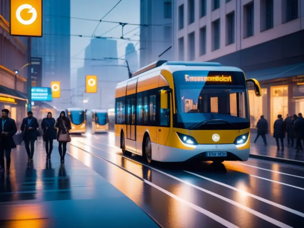 Avance urbano: transporte eléctrico en la ciudad al atardecer Un atardecer en la bulliciosa calle de la ciudad, iluminada por el suave resplandor de vehículos de transporte público eléctricos