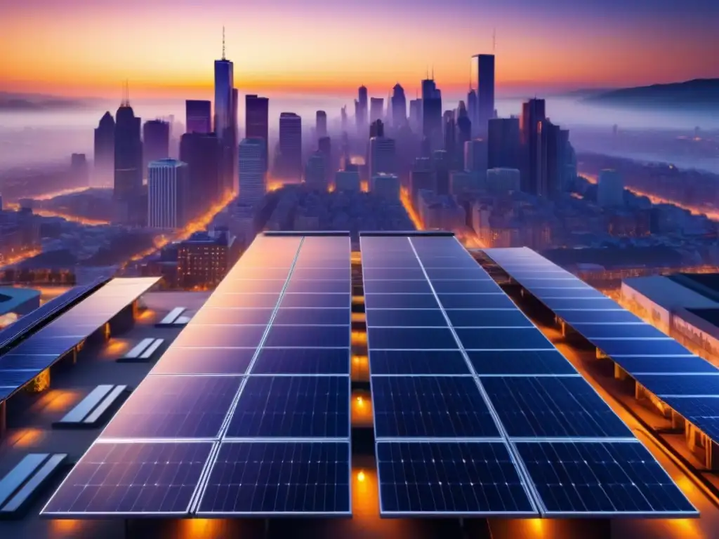 Un atardecer en la ciudad con paneles solares en cada techo, fusionando sostenibilidad y vida urbana