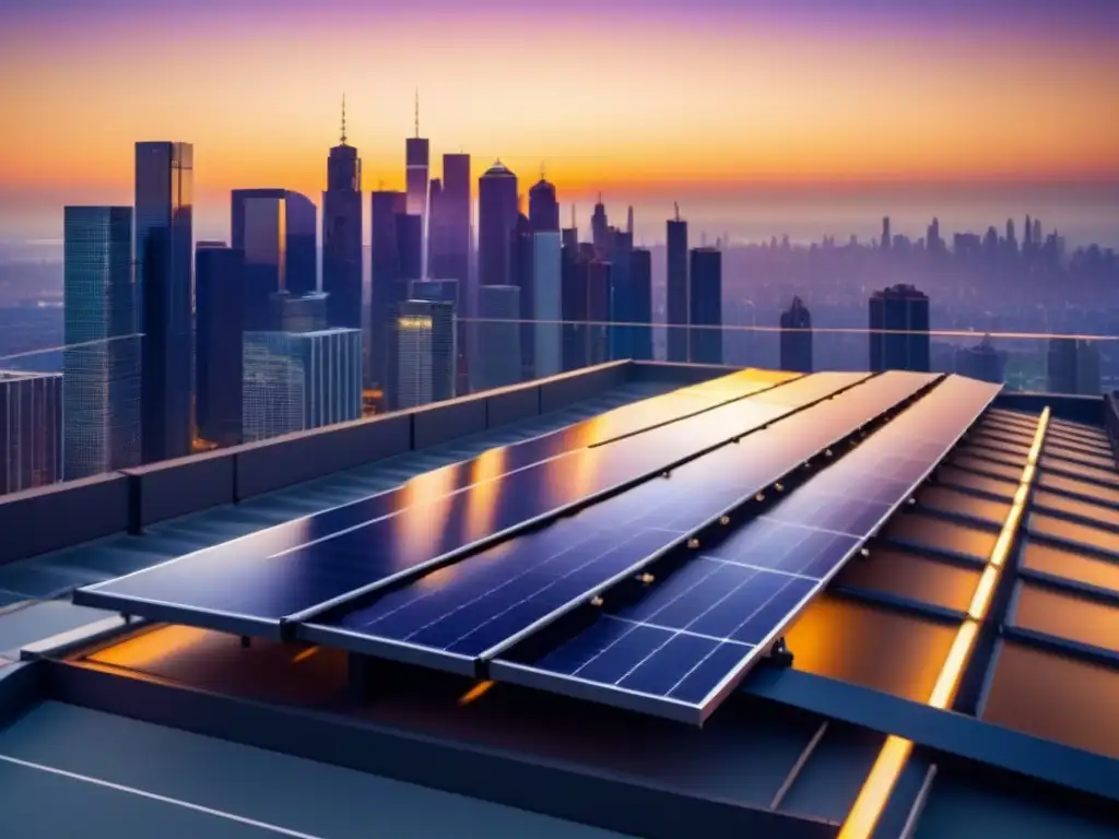 Un atardecer dorado ilumina paneles solares en un tejado urbano, reflejando energía renovable y la ciudad