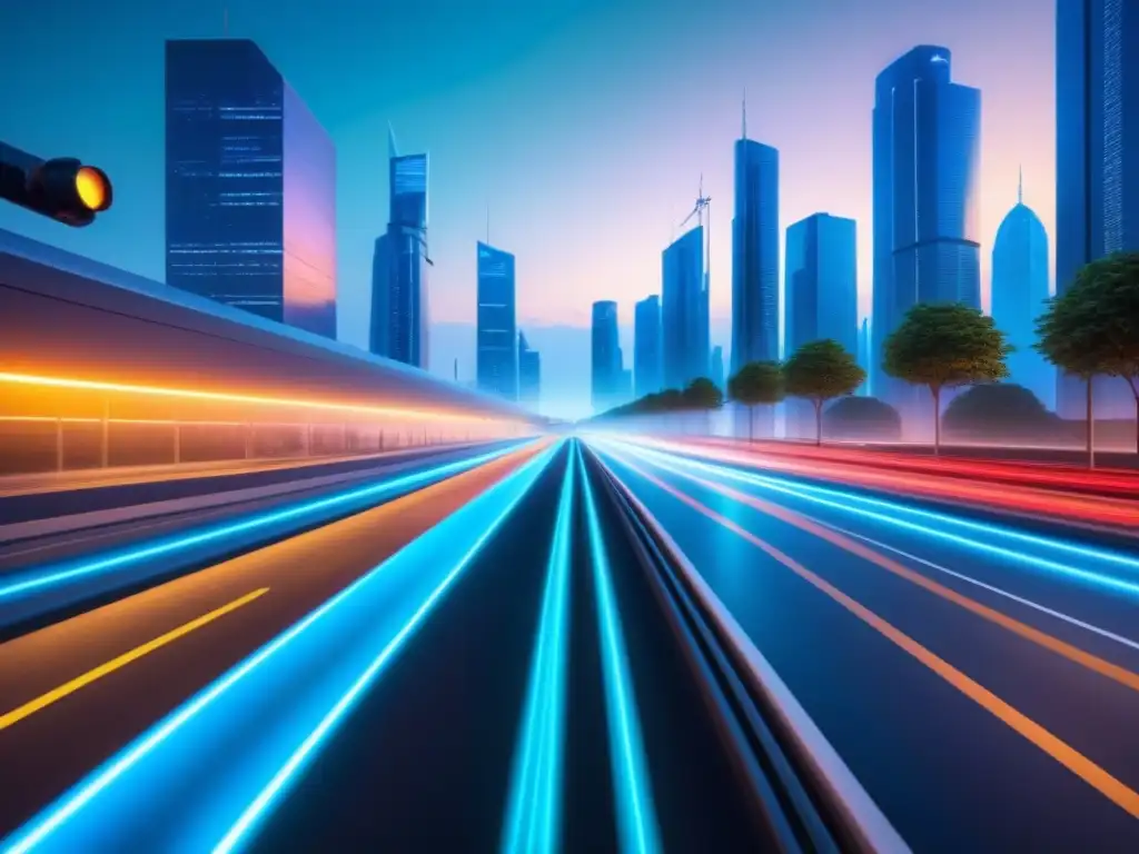 Un atardecer futurista en la ciudad, con infraestructura inteligente para transporte sostenible