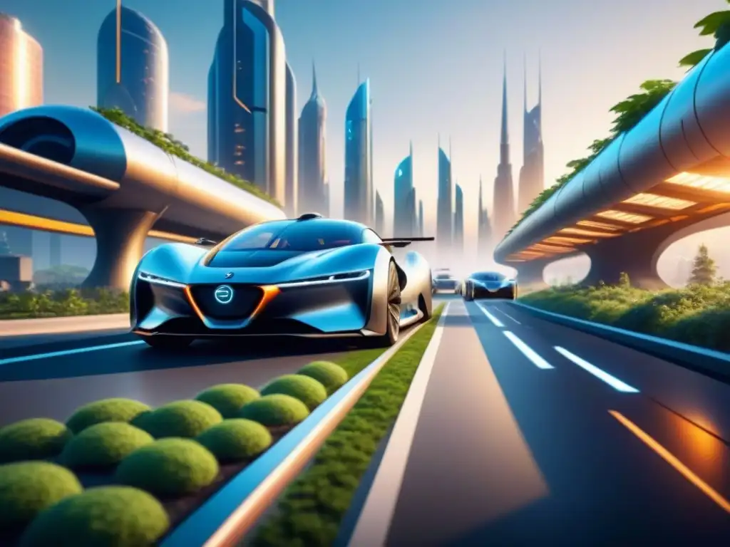 Un atardecer futurista: ciudad sostenible, vehículos ecológicos y armonía entre tecnología y naturaleza