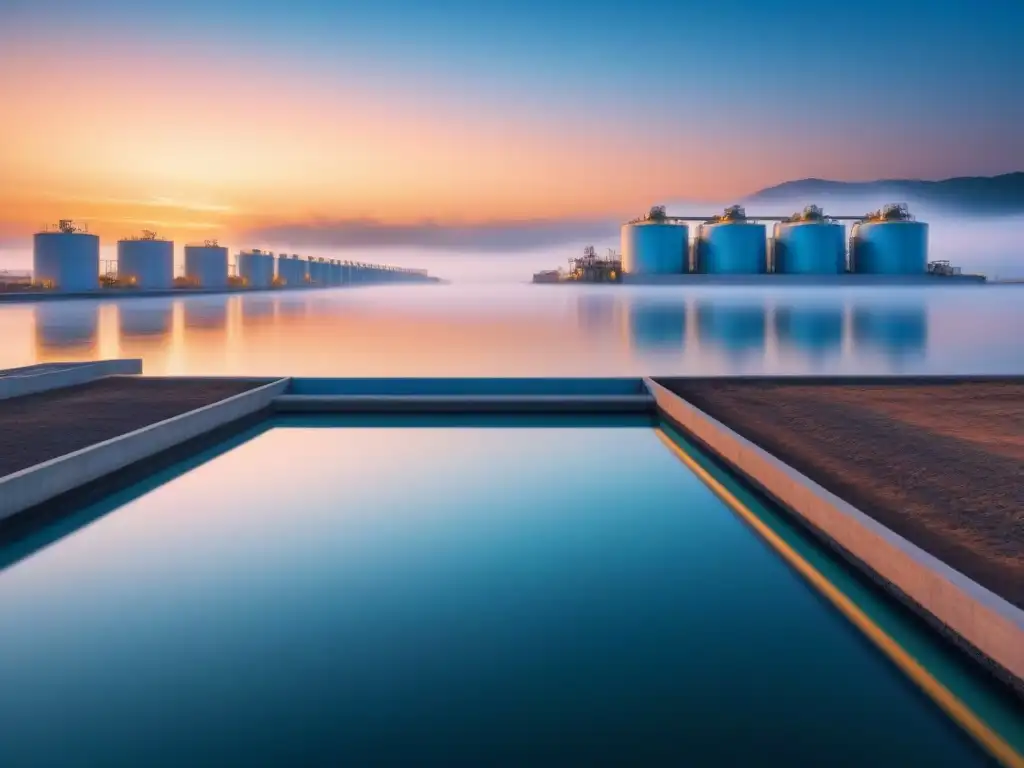 Un atardecer sereno en una moderna planta de desalinización, reflejando el cielo cálido