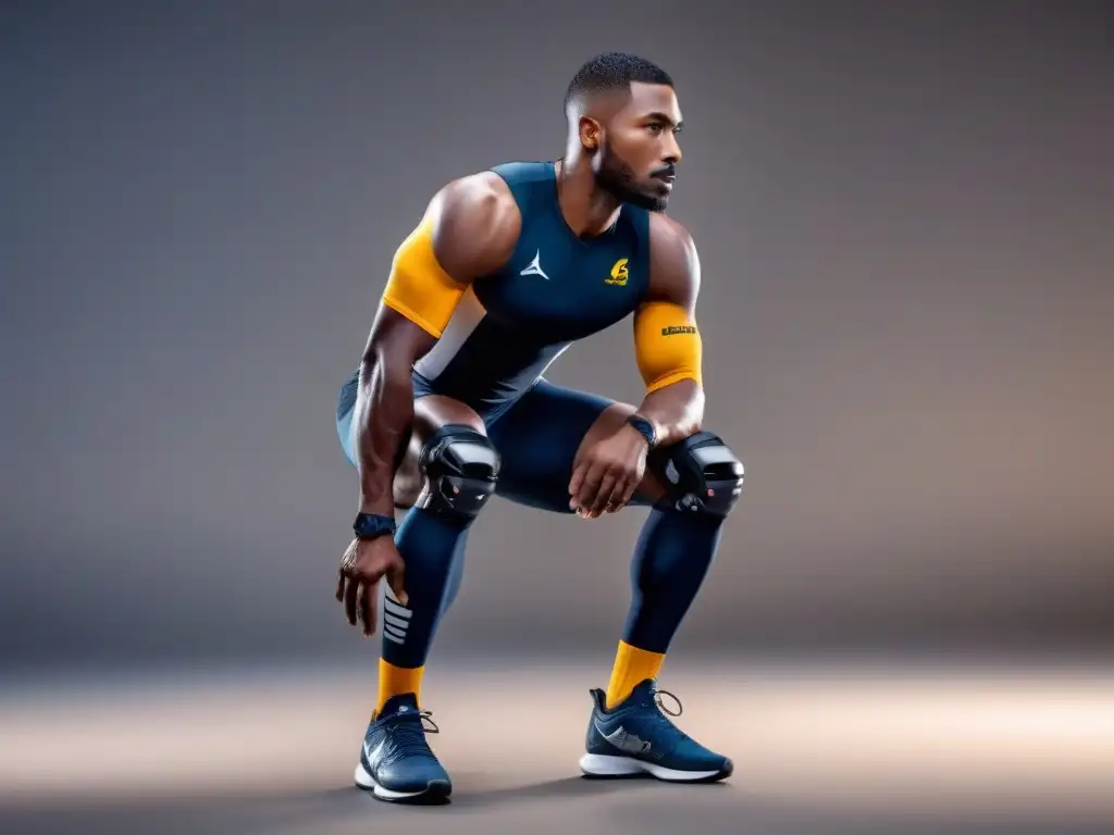 Prostéticos deportivos: fusión de tecnología y atletismo Un atleta profesional con prótesis deportivas de última generación, fusionando innovación y deporte