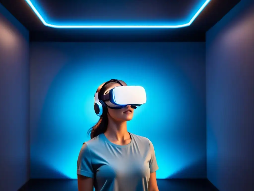 Un aura futurista en una habitación oscura, con luces de neón azul que iluminan un audífono de realidad virtual