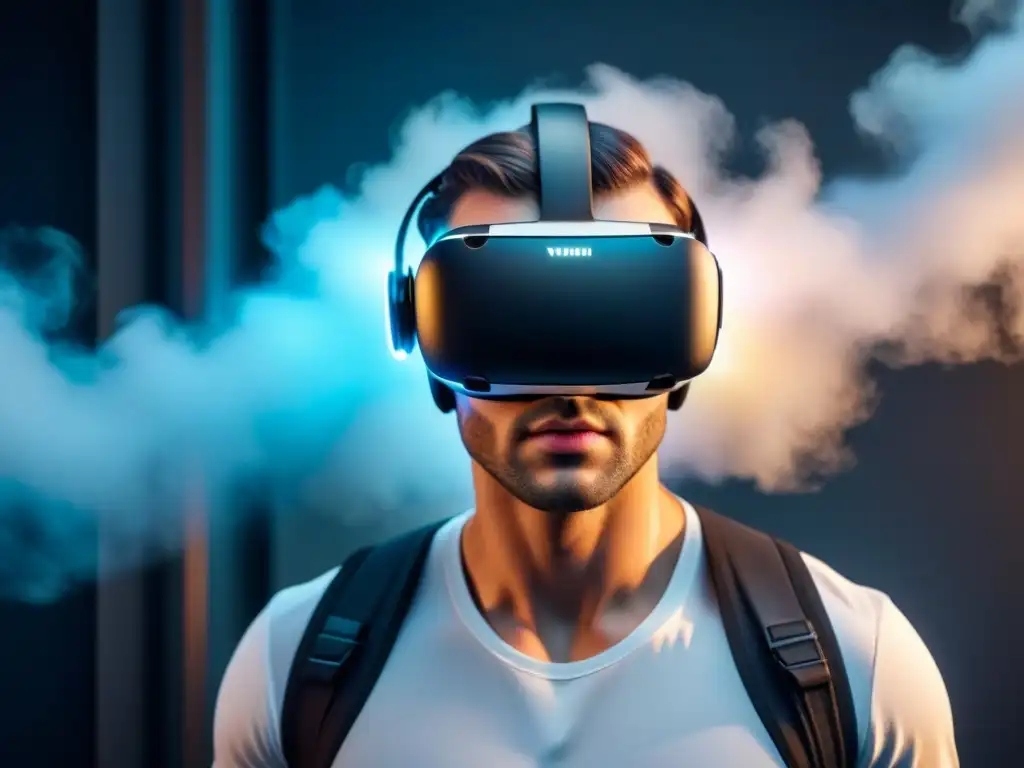 Un auricular de realidad virtual moderno y elegante, con iluminación suave resaltando su diseño minimalista y tecnología de vanguardia