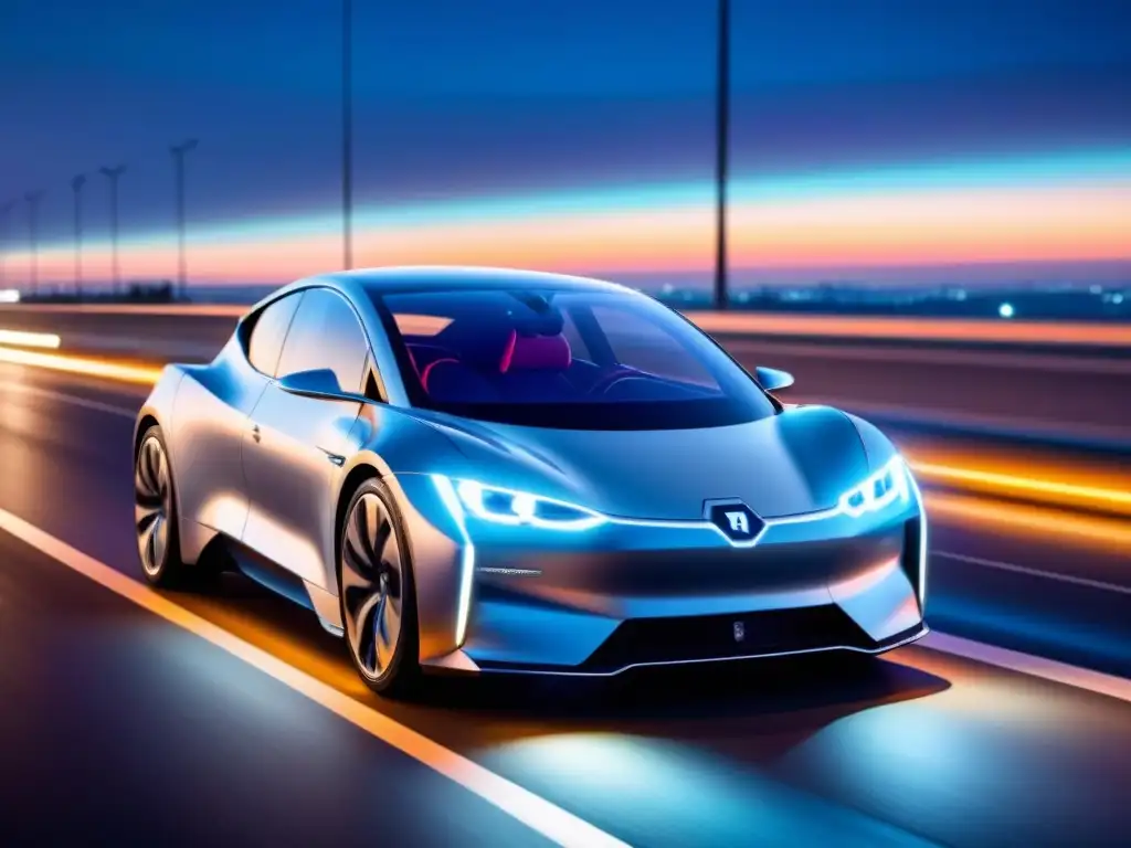 Un auto eléctrico futurista recorre una autopista iluminada por luces de neón de noche, destacando sus sistemas inteligentes y conectados