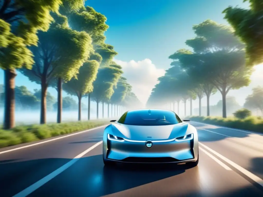 Un auto eléctrico futurista circula en autopista rodeada de árboles verdes bajo un cielo azul