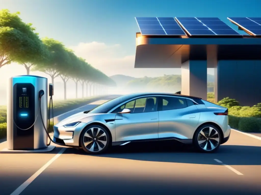 Un auto eléctrico futurista cargando en estación solar, rodeado de naturaleza, simbolizando la tecnología en transporte sostenible