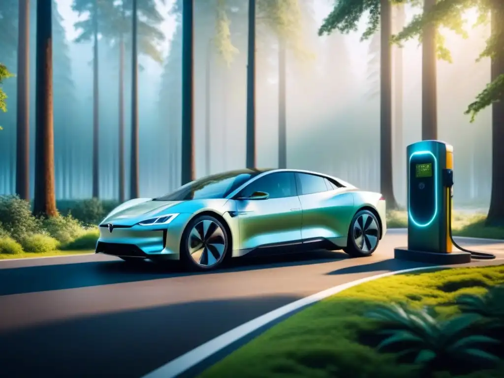 Un auto eléctrico futurista se carga en estación solar en un bosque verde, simbolizando los biocombustibles sostenibles impacto ambiental