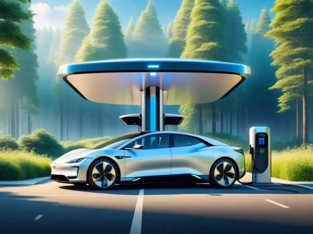 Un auto eléctrico futurista se carga en estación solar en un bosque