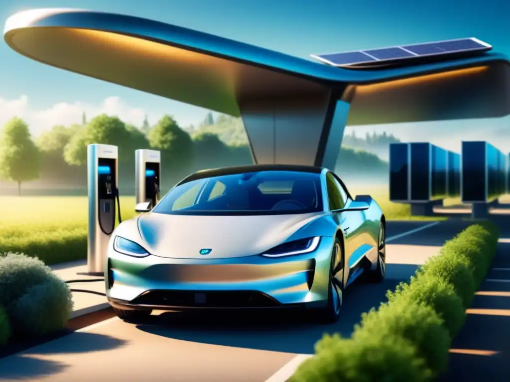 Un auto eléctrico moderno cargando en estación futurista, rodeado de naturaleza y paneles solares, bajo cielo azul