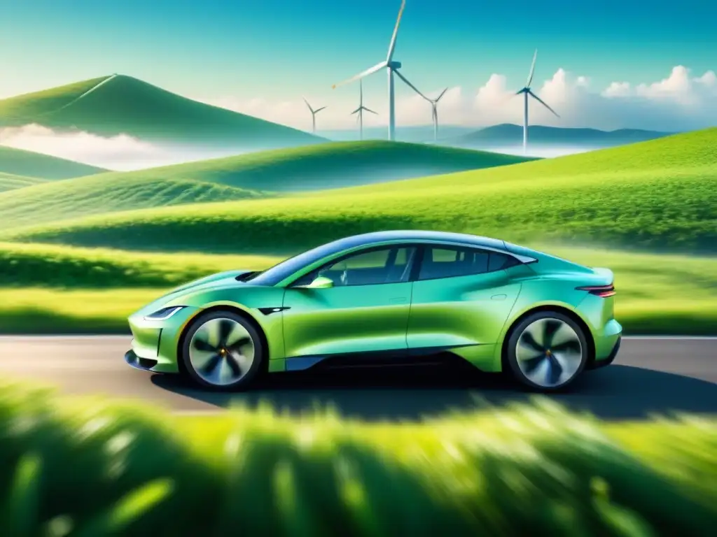 Un auto eléctrico recorre un paisaje verde con turbinas eólicas, emitiendo ondas verdes