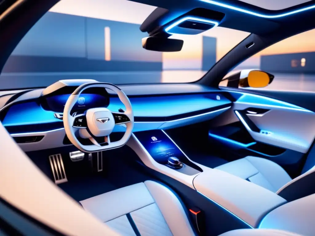 Un auto futurista con pantallas digitales integradas, color plata, blanco y azul