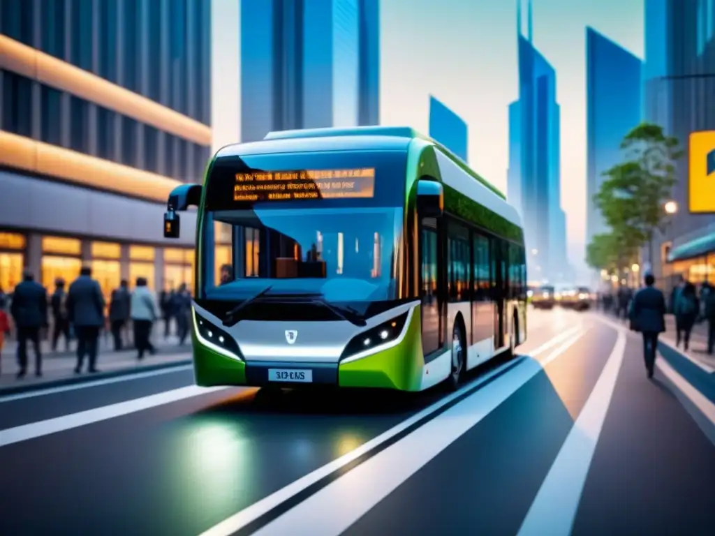 Autobús eléctrico moderno en ciudad futurista Un autobús eléctrico moderno en una ciudad futurista, resaltando la sostenibilidad del 'Transporte público eléctrico ciudades limpias'