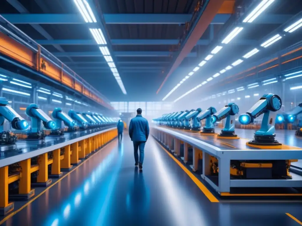 Fábrica automotriz futurista iluminada en azul, con robots y maquinaria automatizada, destacando la integración de Big Data en sector manufacturero