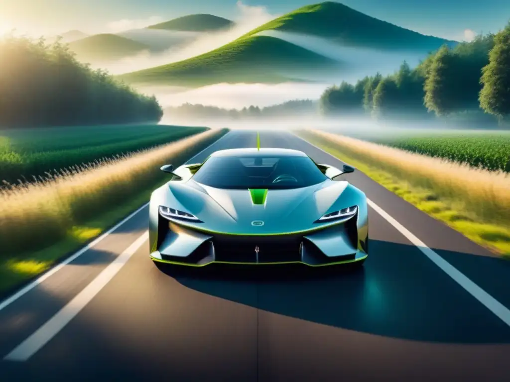 Un automóvil futurista y ecológico en una carretera verde