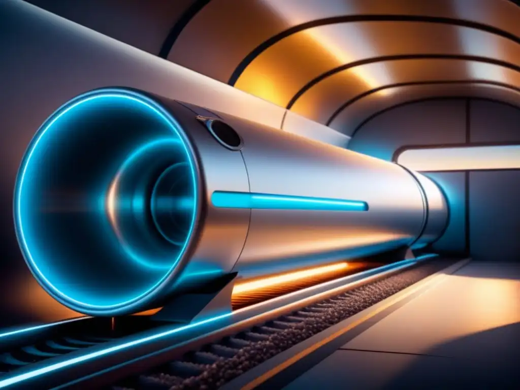 Avance en Hyperloop y tecnología: ilustración minimalista de cápsula futurista desplazándose a alta velocidad en tubo de vacío