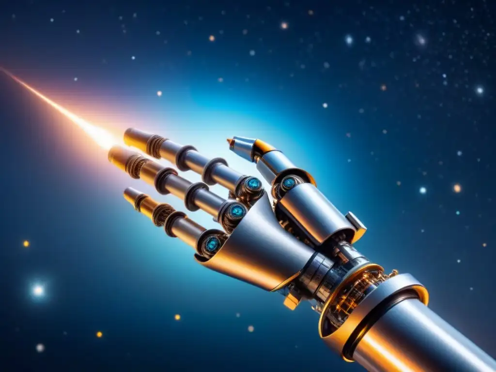 Robótico brazo espacial: explorando el cosmos Avance en robótica: brazo robótico futurista se extiende hacia el espacio estrellado
