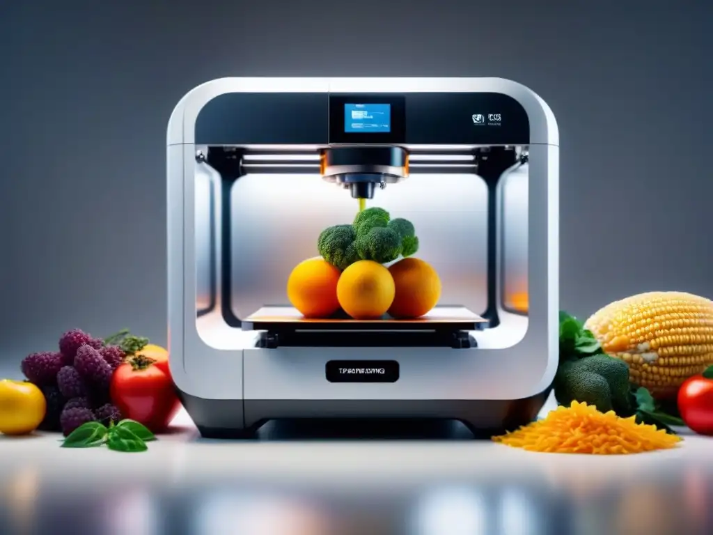 Avances en impresión 3D de alimentos sostenibles: Una impresora 3D futurista creando una comida orgánica colorida y detallada