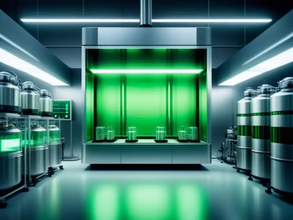 Avances en bioprocesamiento en industria sostenible: bioreactor futurista iluminado en moderno laboratorio