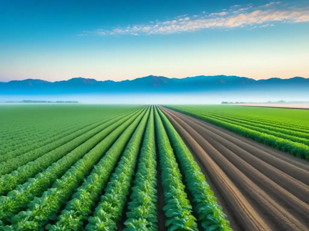 Avances biotecnológicos en agricultura sostenible: Campo verde extenso bajo cielo azul claro, cultivos en filas al horizonte