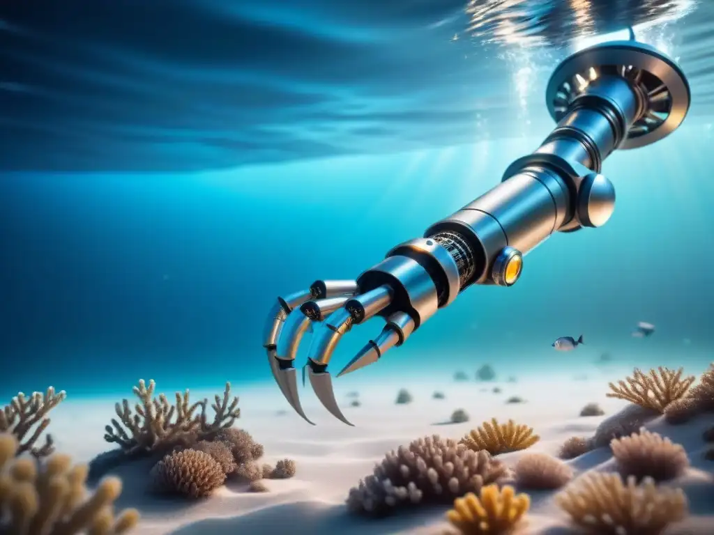 Robótica futurista explorando el océano profundo Avances en robótica para exploración: Brazo robótico futurista se extiende hacia el fondo marino, rodeado de criaturas bioluminiscentes
