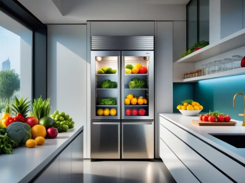 Avances científicos en refrigeración alimentos: nevera con frutas y verduras frescas y vívidas organizadas en un ambiente luminoso y moderno