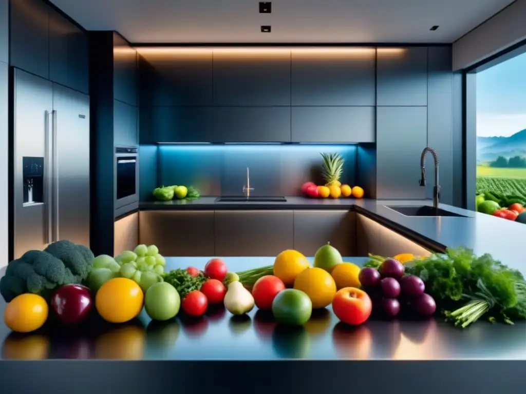 Avances científicos en refrigeración alimentos: Cocina moderna con frutas y verduras frescas organizadas en un refrigerador transparente