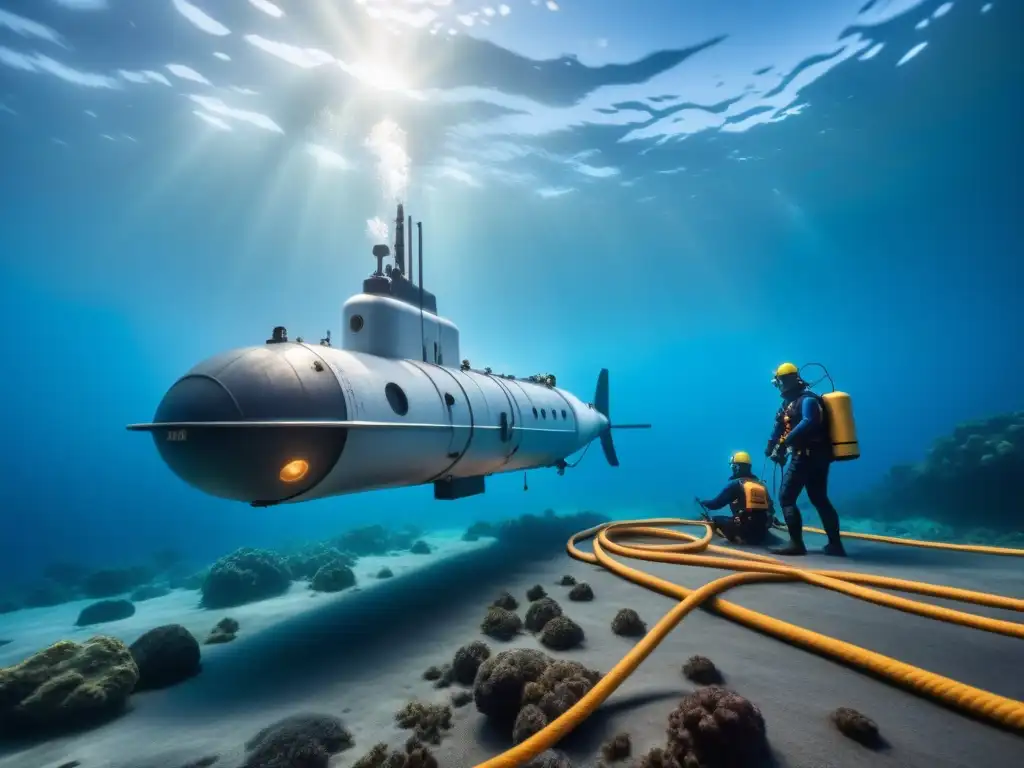 Avances en comunicaciones submarinas inalámbricas: Un moderno barco submarino coloca cables en el fondo marino, rodeado de un vasto océano azul