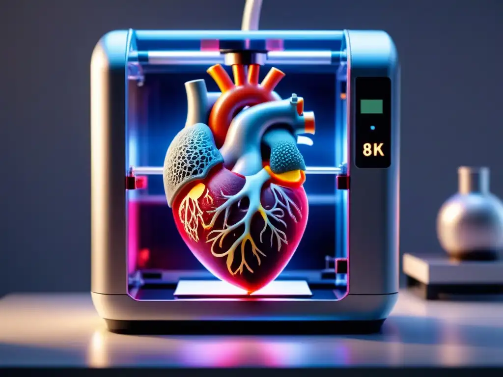 Avances en bioimpresión de órganos: 3D printer creando un corazón humano con bio tinta en laboratorio futurista de alta tecnología