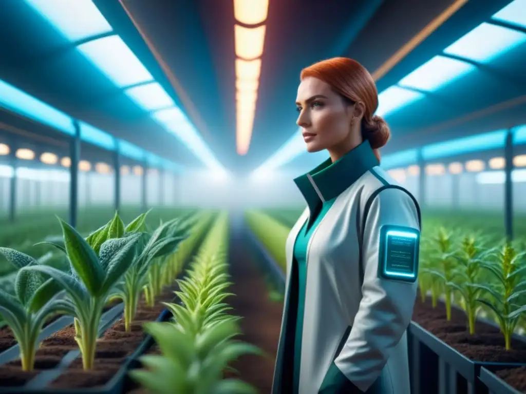 Avances en CRISPR para cultivos: Cosecha futurista de plantas modificadas genéticamente en un escenario minimalista y moderno