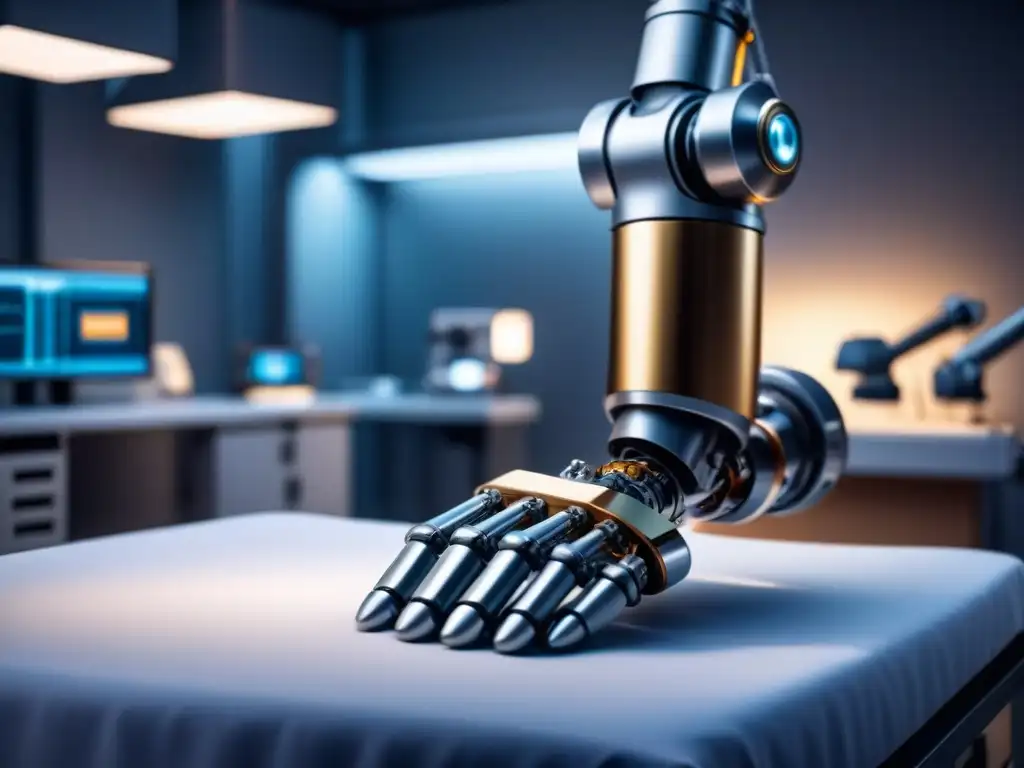 Avances en dispositivos médicos cirugía: Detalle de brazo robótico durante cirugía mínimamente invasiva
