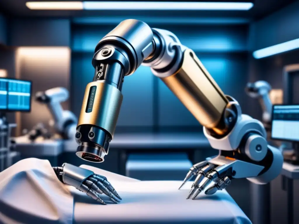 Avances en dispositivos médicos cirugía: Detalle de brazos robóticos en sala de operaciones futurista