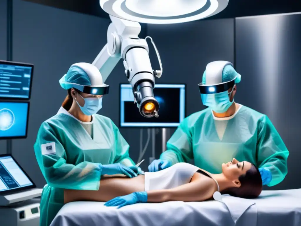 Avances en dispositivos médicos cirugía: Robot quirúrgico futurista realizando cirugía mínimamente invasiva en paciente