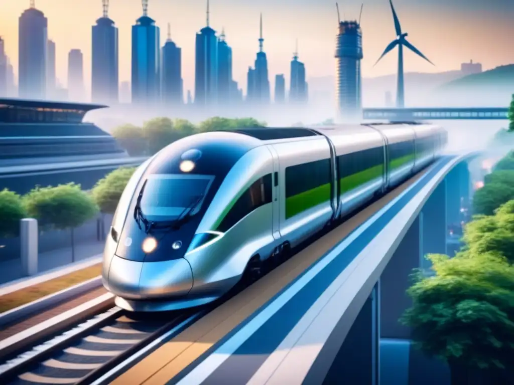 Avances en eficiencia energética transporte: Tren eléctrico de alta velocidad en ciudad ecoamigable futurista