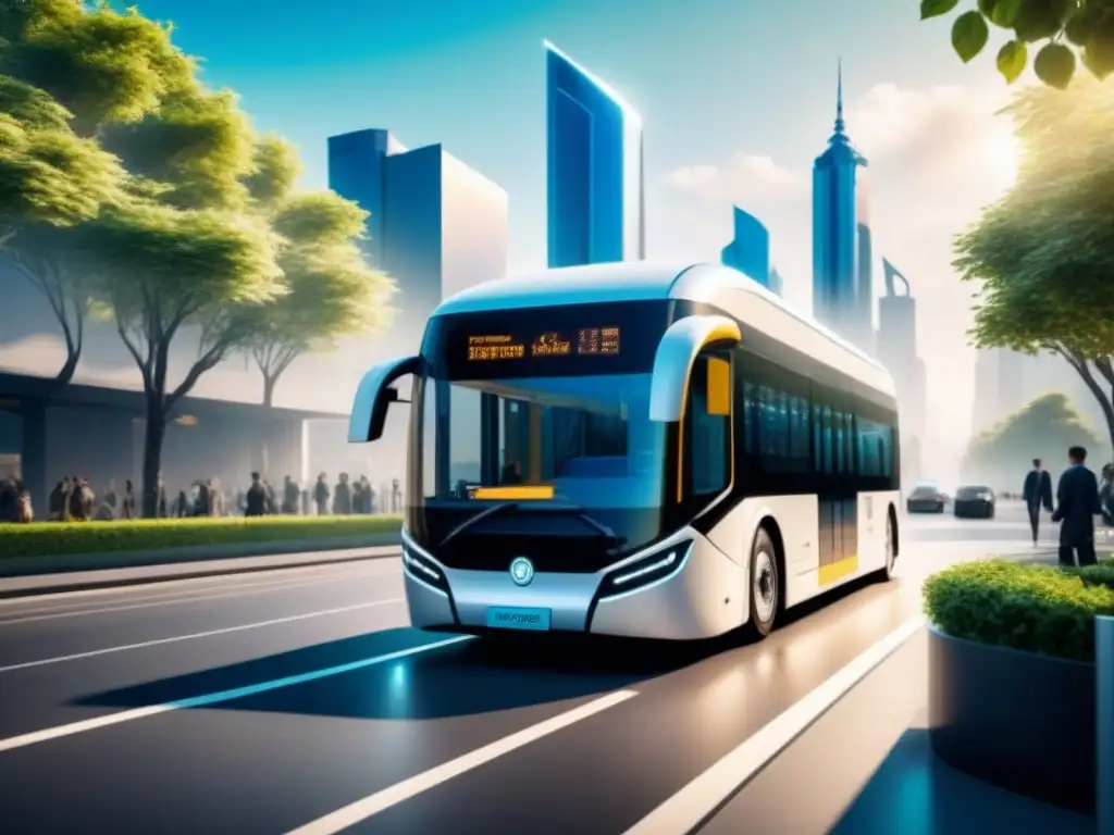 Avances en eficiencia energética transporte: Autobús eléctrico moderno en ciudad futurista, rodeado de vegetación y tecnología avanzada