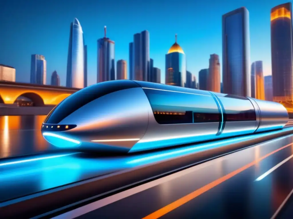 Avances en Hyperloop y tecnología: Pod futurista plateado con luces azules, viajando a gran velocidad en tubo transparente, ciudad borrosa al fondo