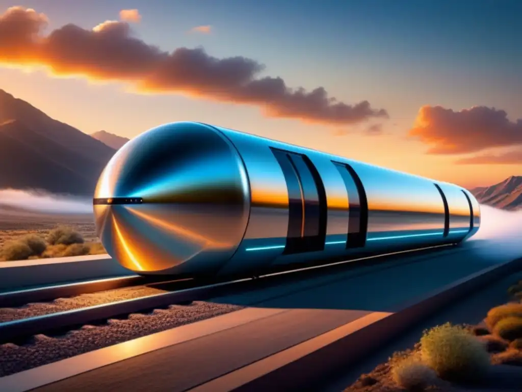 Avances en Hyperloop y tecnología: Pod futurista surcando tubo transparente contra atardecer impresionante