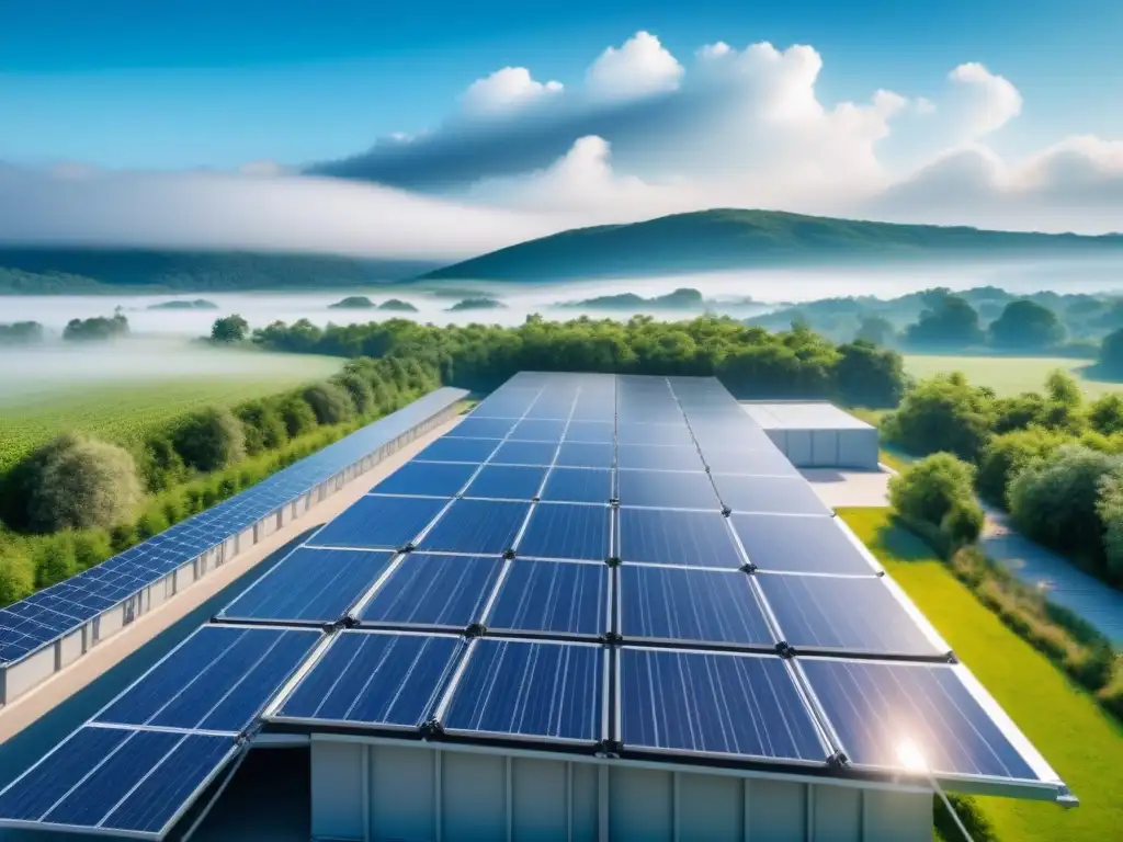 Avances en fotónica industrial sostenible: instalación moderna con paneles solares y naturaleza exuberante bajo cielos azules