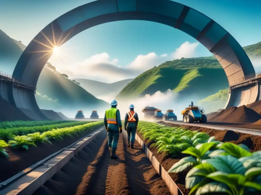 Avances legislativos minería sostenible: Imagen ultradetallada de un sitio minero futurista, con tecnología avanzada y prácticas sostenibles