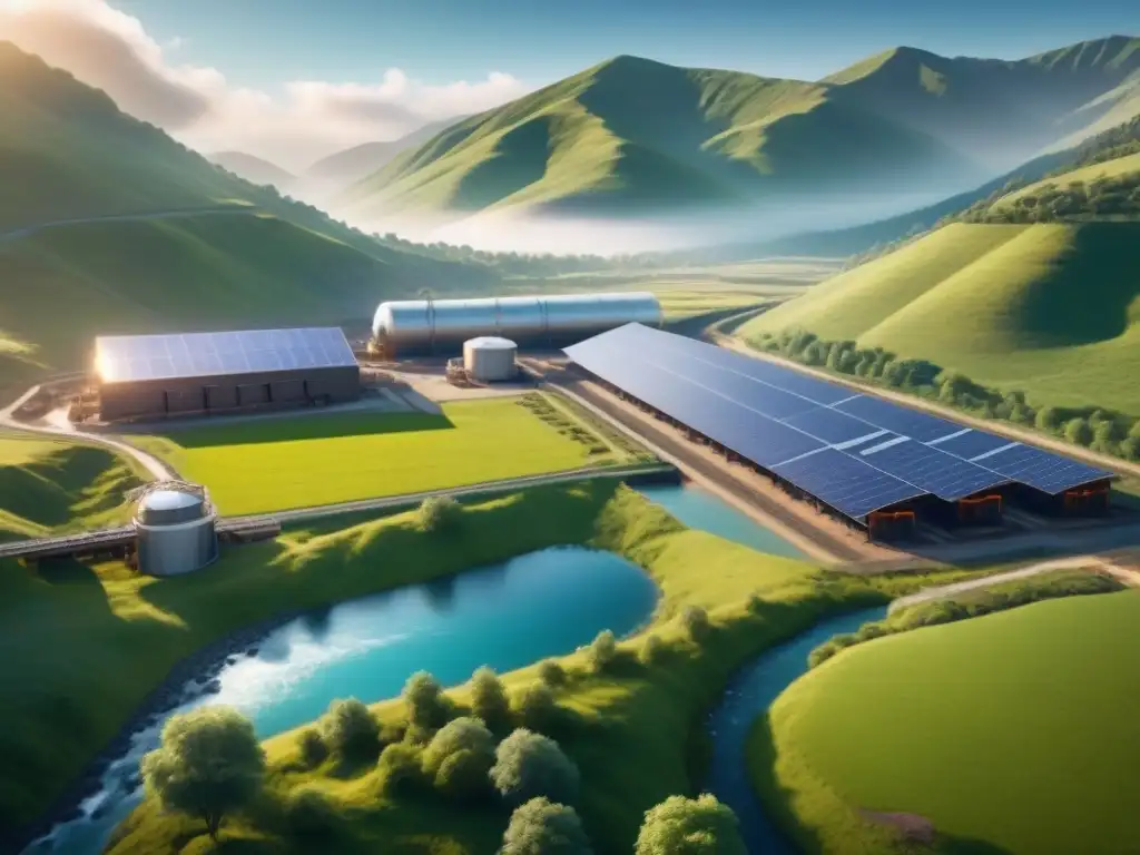 Avances legislativos en minería sostenible: Instalación minera moderna rodeada de naturaleza, paneles solares brillantes y turbinas eólicas al fondo