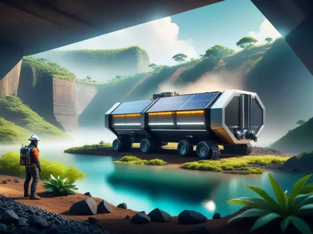 Avances legislativos minería sostenible: Operación minera futurista y sostenible en armonía con la naturaleza y tecnología avanzada