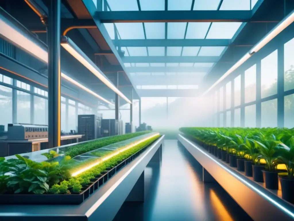 Avances en ingeniería metabólica: Ilustración minimalista de planta industrial futurista integrada con vegetación, resaltando innovación y sostenibilidad