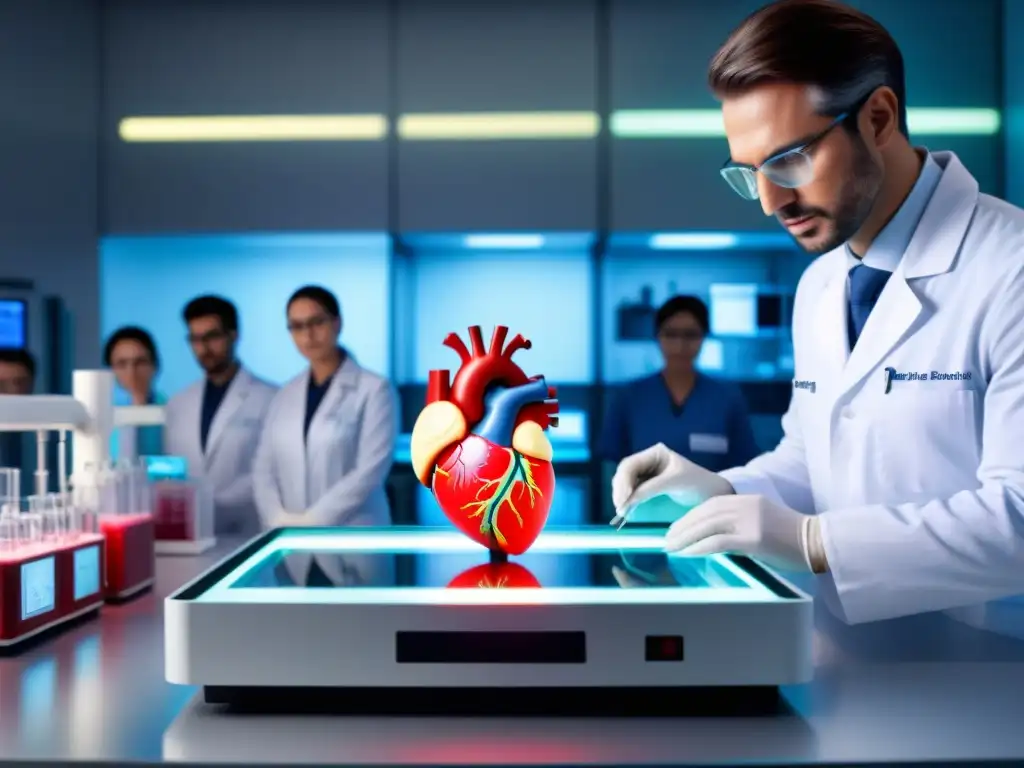 Avances en bioimpresión de órganos: Laboratorio futurista con científicos observando detallada impresión 3D de un corazón humano