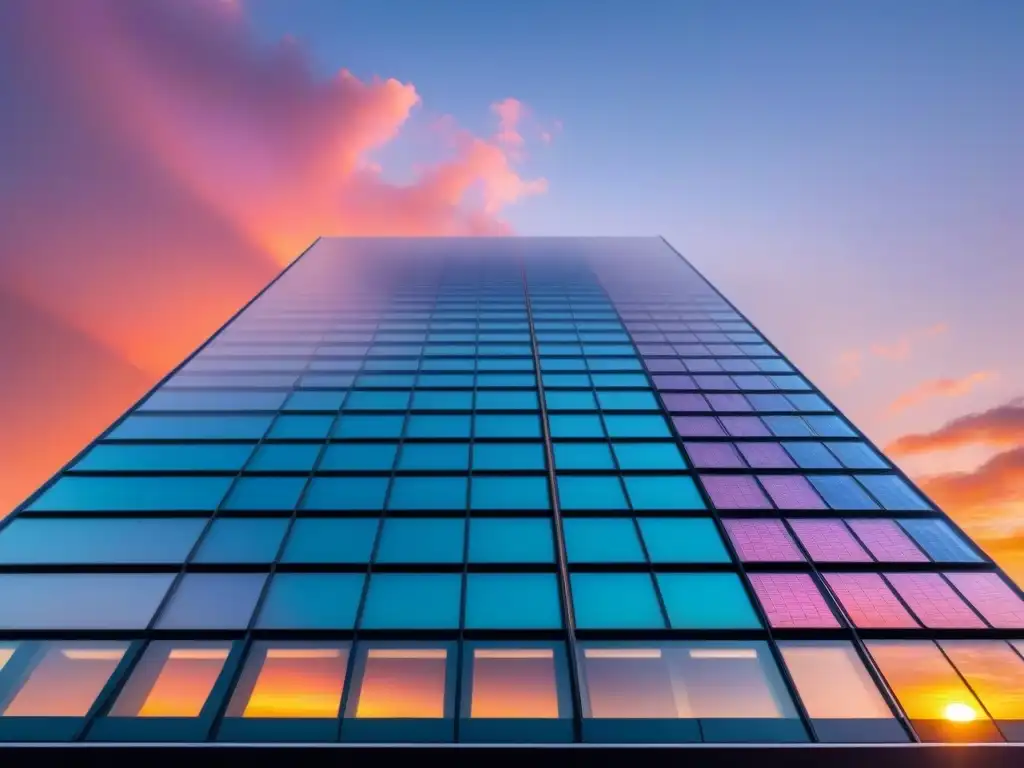 Avances paneles solares multifuncionales: rascacielos con paneles solares reflejando colores del atardecer en un cielo despejado