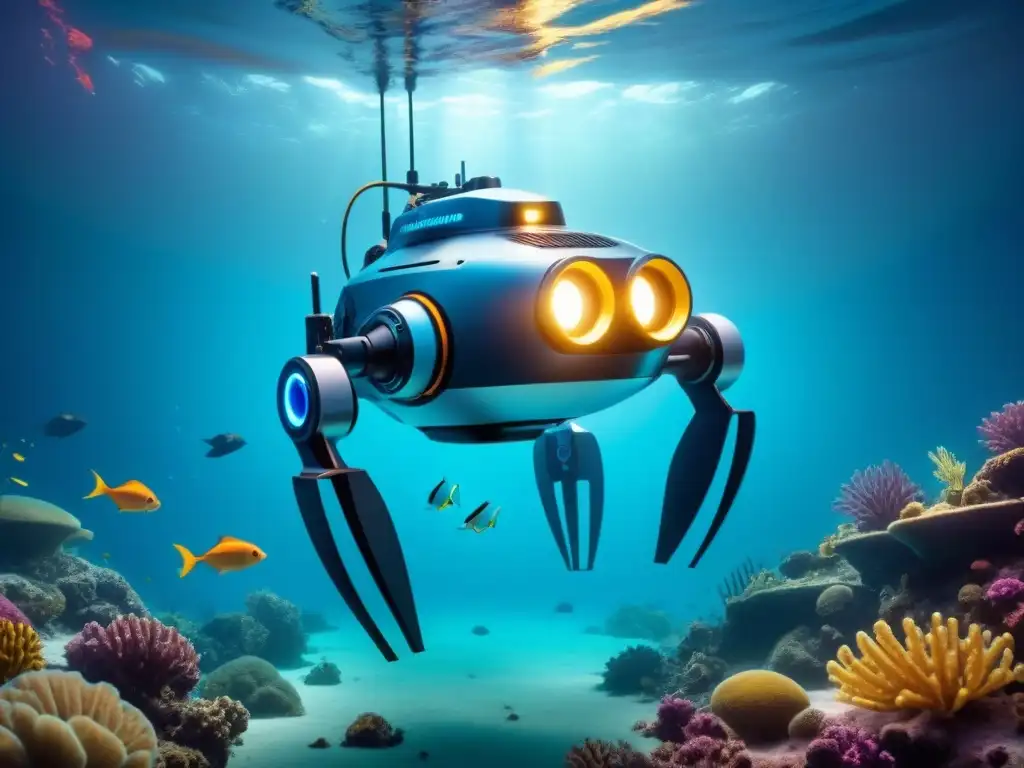 Robot submarino de exploración en lo profundo del océano Avances en robótica para exploración: un robot futurista explora las profundidades marinas con criaturas bioluminiscentes